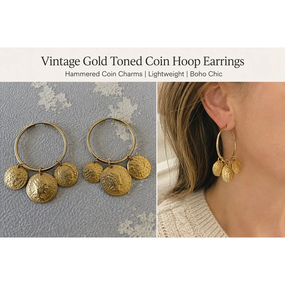 Vintage Gold Tone Coin Charm Hoop Earrings Textured Roman Medallion Boho